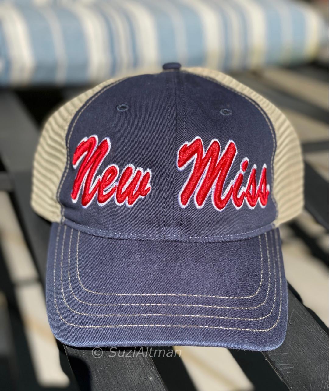 SOLD OUT-----Limited Edition Navy Blue New Miss Curved brim  Trucker hat with tan mesh back- unstructured fit