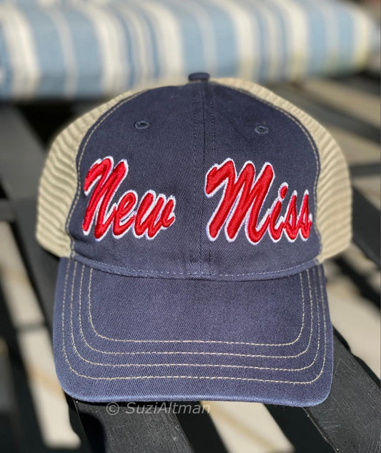 SOLD OUT-----Limited Edition Navy Blue New Miss Curved brim  Trucker hat with tan mesh back- unstructured fit