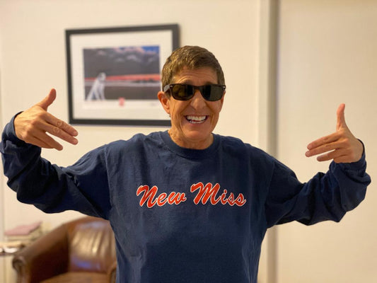 Limited Edition Blue Long Sleeve  cotton screen printed "New Miss" shirt